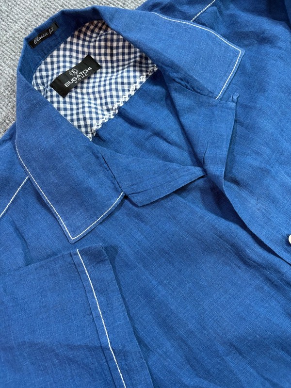 Bugatchi UOMO Classic Fit 100% Linen Mens Blue XL Short Sleeve Button Up Shirt