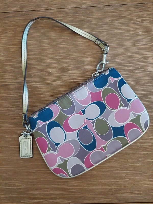 Coach Wristlet Signature C Logo Print Blue Green Pink Satin Gold Leather Trim