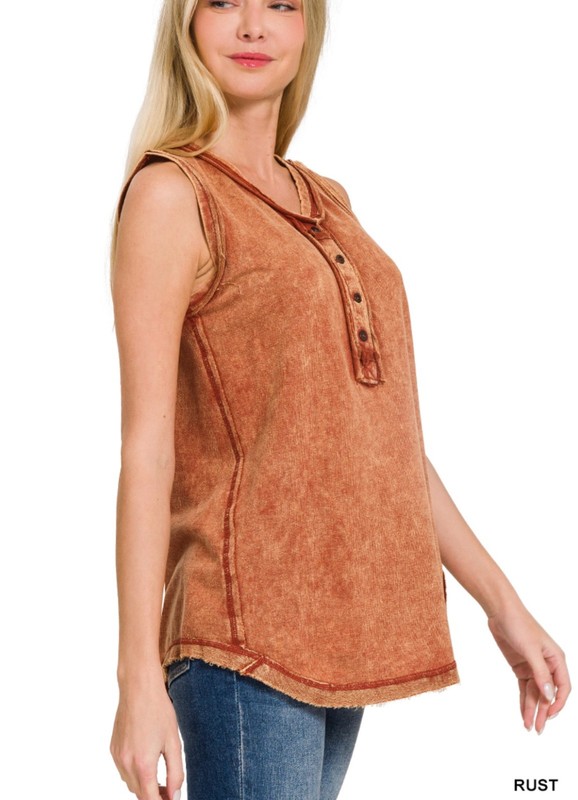 ZENANA 5251 Color Washed Henley Tank top Tunic 100% CottonRaw Edge Exposed Seam gallery