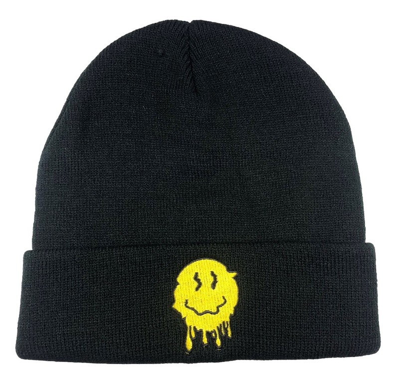 Melting Smiley Face Snowboard Skateboard Beanie Black High Quality Embroidered