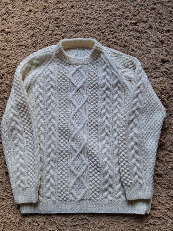 Vintage Aran Hand Knit Cardigan 100% Wool Chunky Cream Beige Womens XL