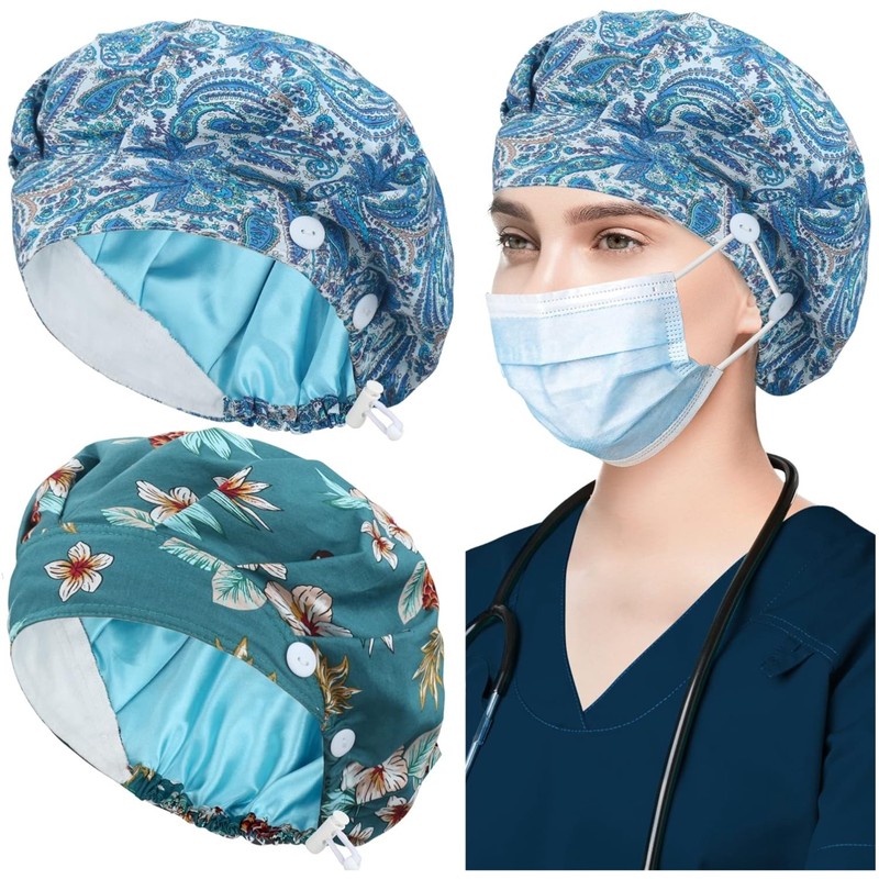 2 Pack Adjustable Bouffant Caps with Sweatband – Stylish & Comfortable