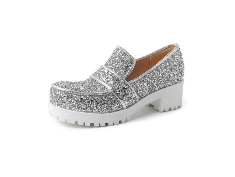 Womens Casual Shiny Sequins Comfort Mid Low Chunky Heels Platform Shoes Pump New gallery