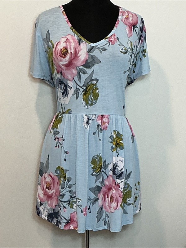 BeStage Brand Tunic Short Sleeve Sky Blue W/Floral Print 3XL Elastic Back Waist