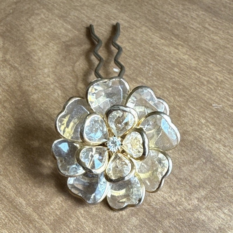 Gold Tone Metal Flower Hair Pin for Women, Clear Rhinestone Accents, Floral