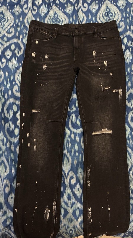 RTA men’s Black Skinny Denim Jeans Paint Splatter Distressed Slim Mid Rise