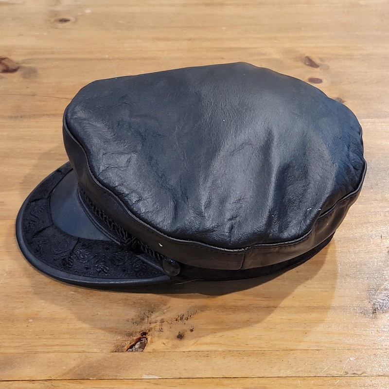 Vtg Black Leather Greek Fisherman Hat Medium Made in USA Mariner Biker Cap M gallery