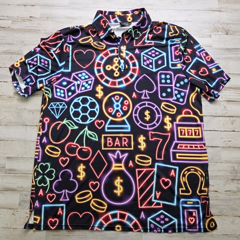 Men’s 2XL Lucky Casino Gambling Golf Polo Shirt Las Vegas Slots Craps Roulette