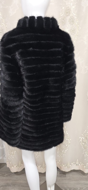 Women’s Black Mink Fur Mid-Length Coat Full Zip 3/4 Sleeve Pockets M/L