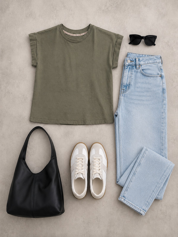 VF Modas Sage Green 100% Cotton Boxy Tee Size Medium Minimalist Cap Sleeve Top gallery