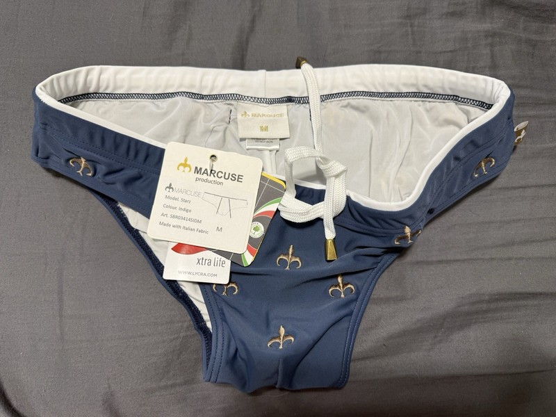 Marcuse Starz Men's Swim Briefs Bottom Embroidered Blue/Gold Drawstring Size M gallery