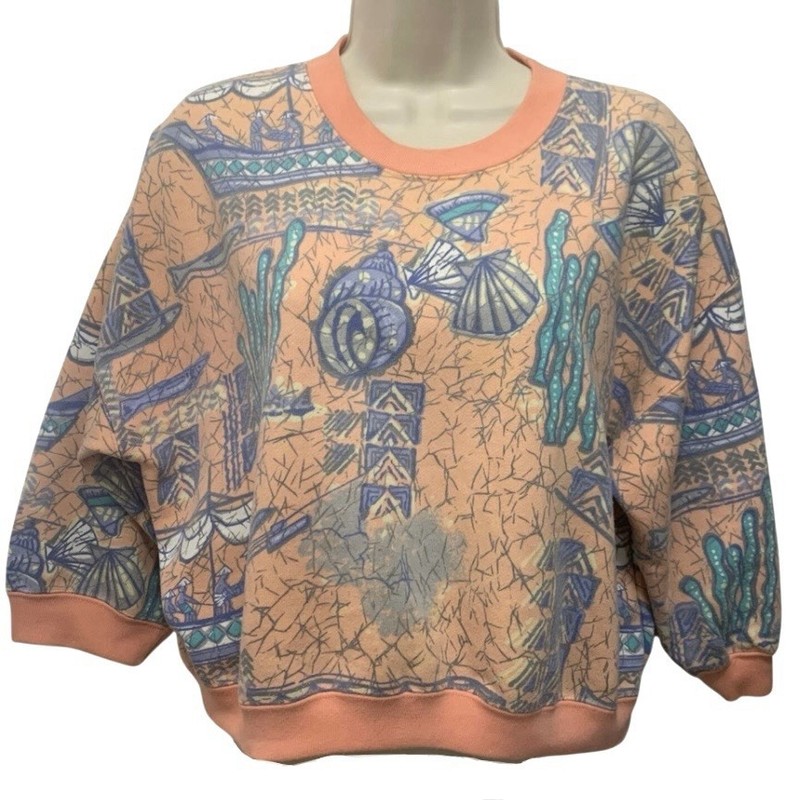 VTG Forenza Womens Sz M Sweatshirt Nautical Fishing Print Beach Coastal Cropped