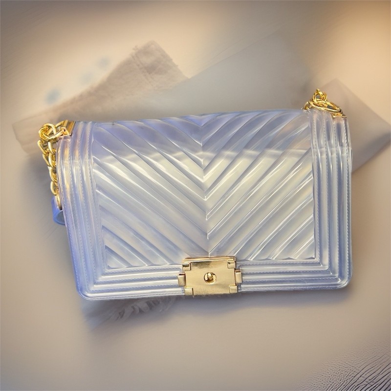 Clear Chevron Quilted Jelly Shoulder Bag with Gold Chain Strap & Turn Lock