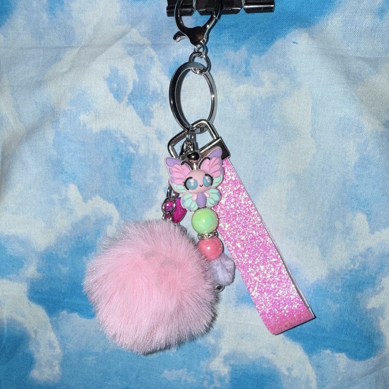 Pink Glitter Wristlet Strap Key Chain/Bag Charm w/Butterfly Beads & Pom Pom gallery