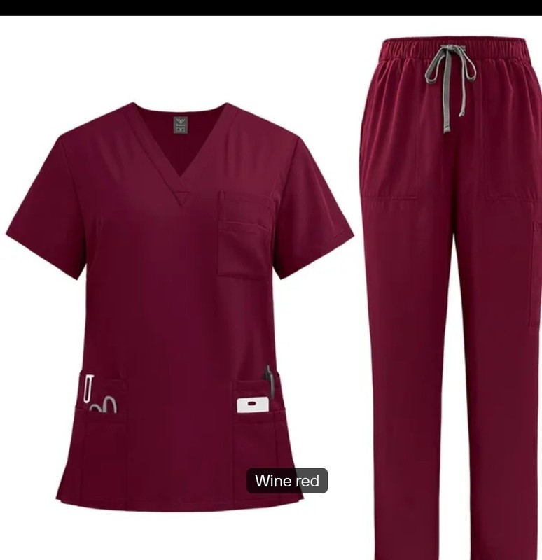 Unisex Medical Scrub Set Top & Pants Solid Wine Red/Pink Size M Polyester