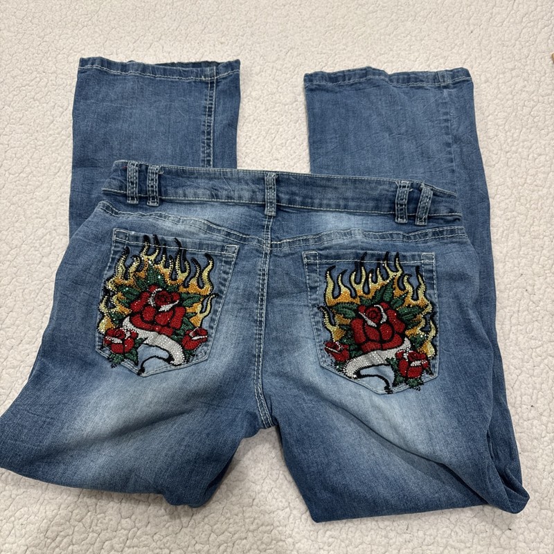 Ninth Hall Alyssia Embroidered Rose Flame Rhinestone Jeans Bootcut Sz 18