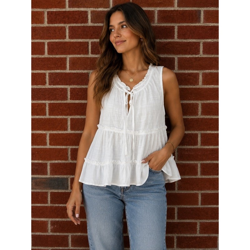 NY Collection White Tiered Sleeveless Blouse Size M Ruffle Boho Peasant Top