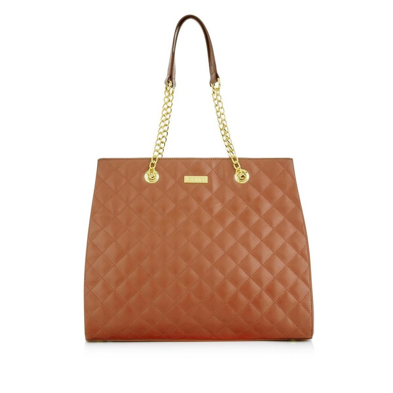 JOY & IMAN Diamond Quilted Genuine Leather Satchel w/h RFID, Cognac