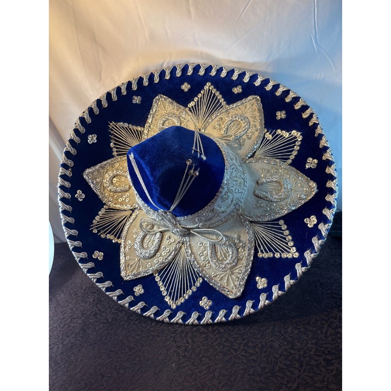 Pigalle Mexican Sombrero Royal Blue Velvet Silver Embroidery Charro Hat Mexico