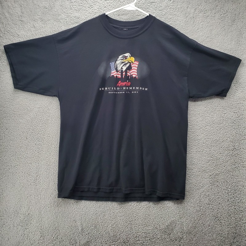 Vtg Remember 9/11 Eagle T Shirt Mens Estimated XL Black Rebuild Remember