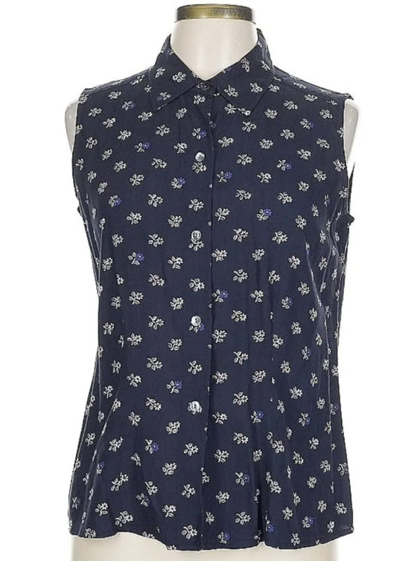 Charter Club Floral Sleeveless Button Down Blouse Navy Blue Size 10