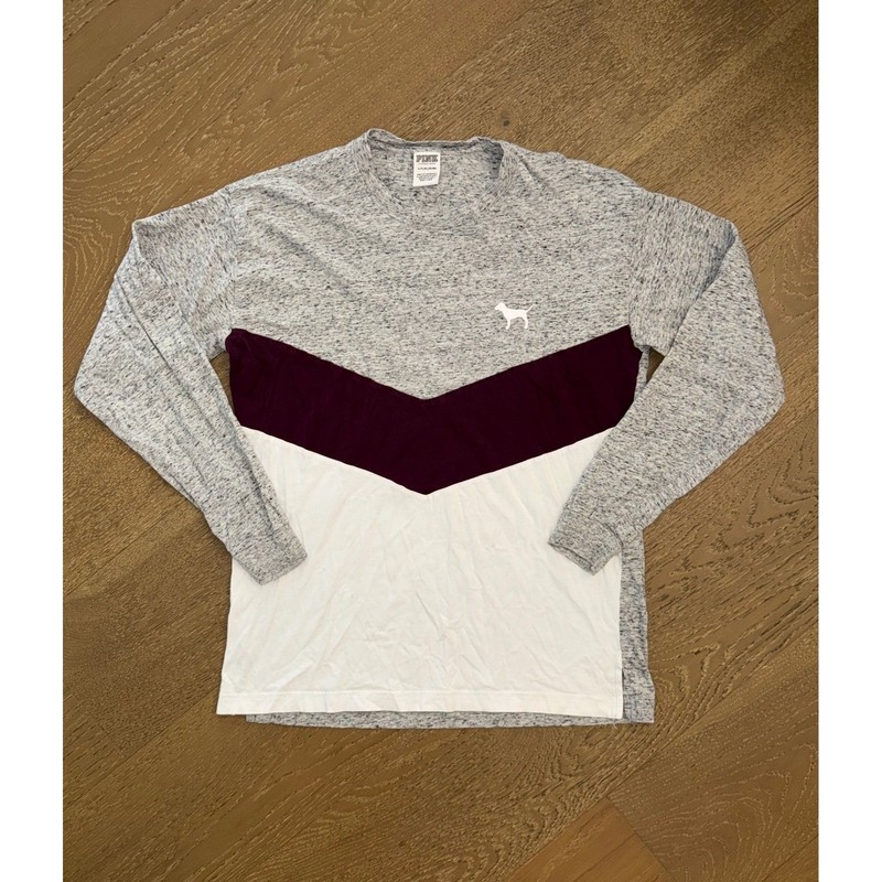 Victorias Secret PINK Long Sleeve Colorblock Chevron Tee Grey Burgundy White S