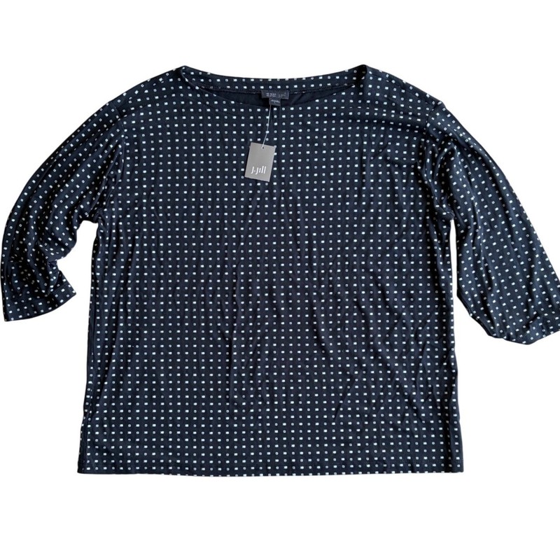 J. Jill Wearever Diamond Dot Top Womens Large Black White 3/4 Sleeve Boat Neck