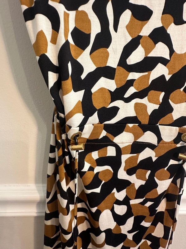 DVF DIANE VON FURSTENBERG SILK BROWN BLACK IVORY LO BACK DRAWSTRING DRESS SZ 4 gallery