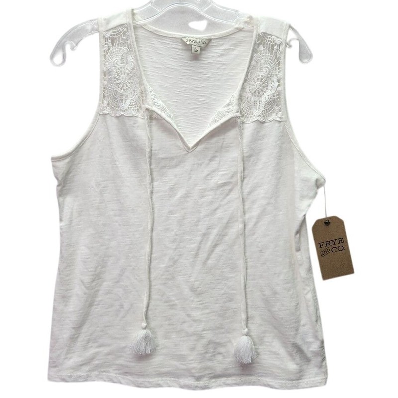 FRYE & CO Snow White Sleeveless Tank Top Lace Tassel Ties Boho Festival Retro L