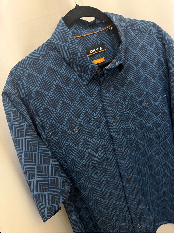 Orvis Active Fit Button Front Shirt Large Blue Geometric Stretch Outdoor Travel