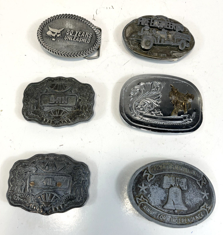 Vintage Belt Buckles Lot of 6 Pewter Tin Mixed Materials Cowboy Fireman