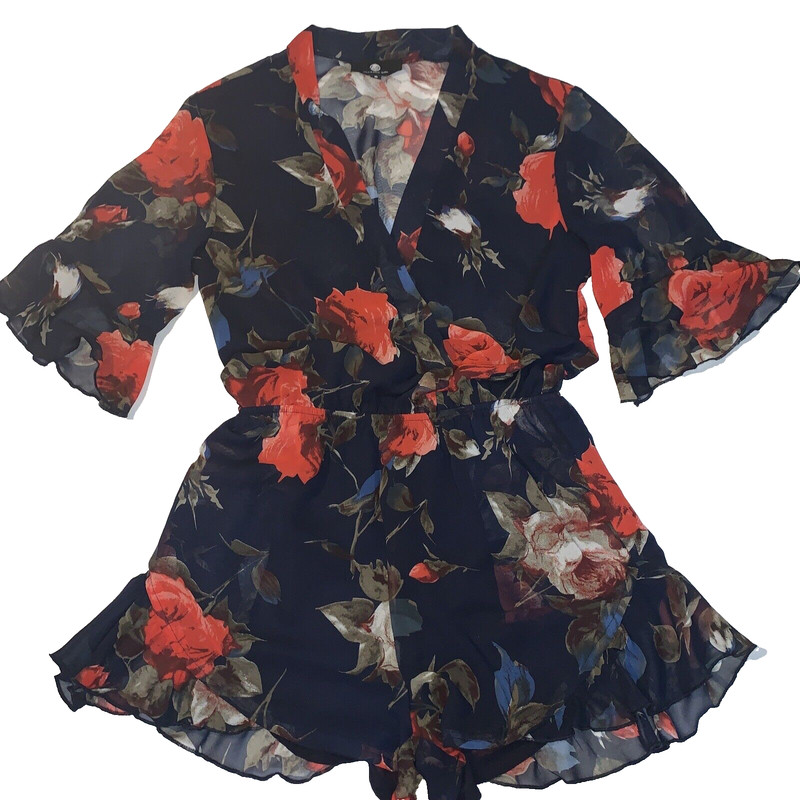 LILY ROSIE GIRL Women’s Sheer Back V-Neck Romper W/Floral Print Size S #1024