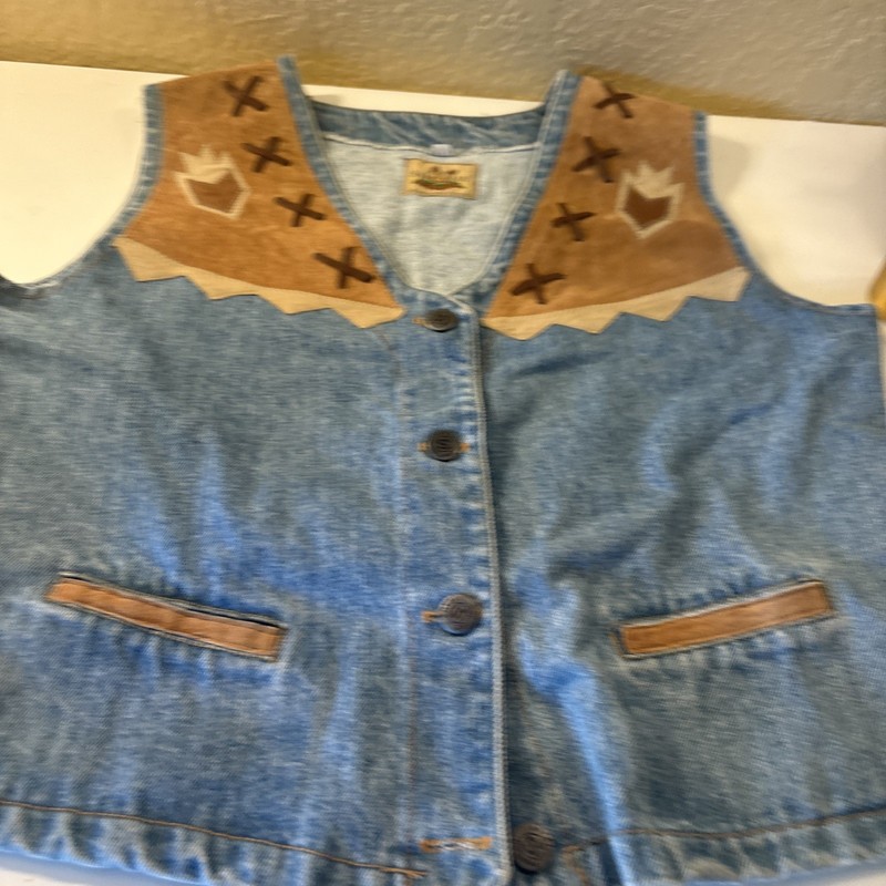 Sapman Denim Vest Button-Down Fringe, Western Details Medium Vtg (a58