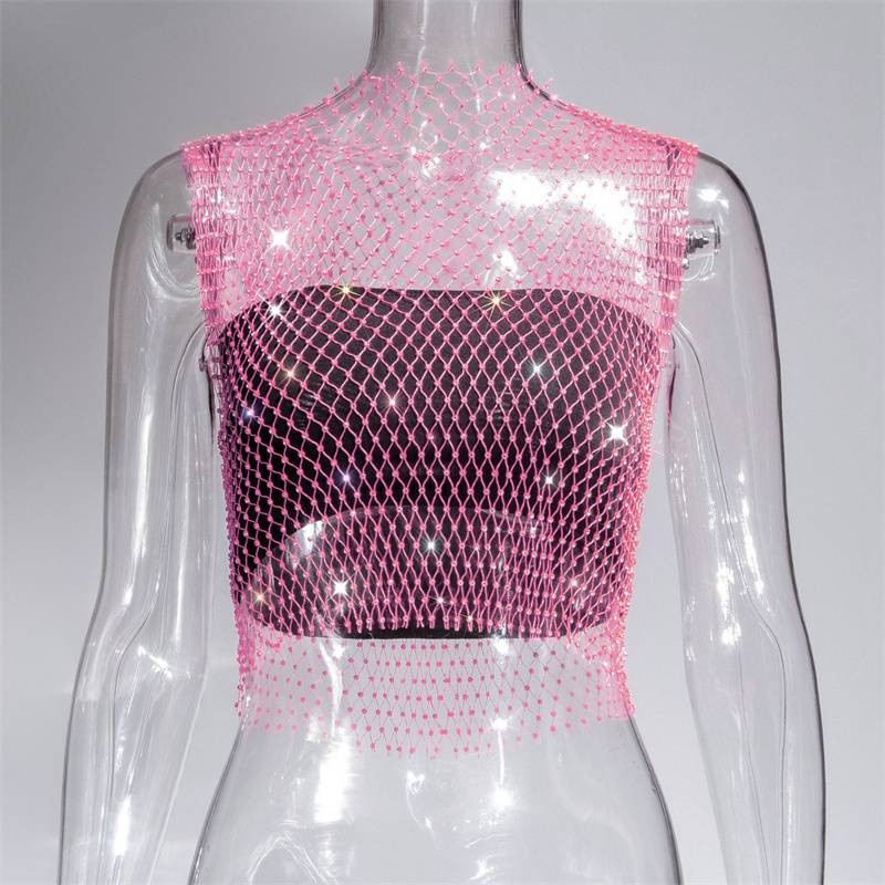 Summer Rhinestones Backless Leqoel Sexy Mesh Fashion See Through Tank Hollow gallery