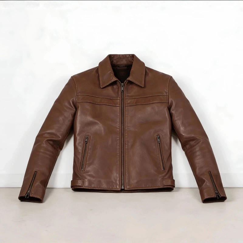 Men’s Brown Biker Cafe Racer Jacket Real SheepSkin Leather Jacket Slim Fit Coat