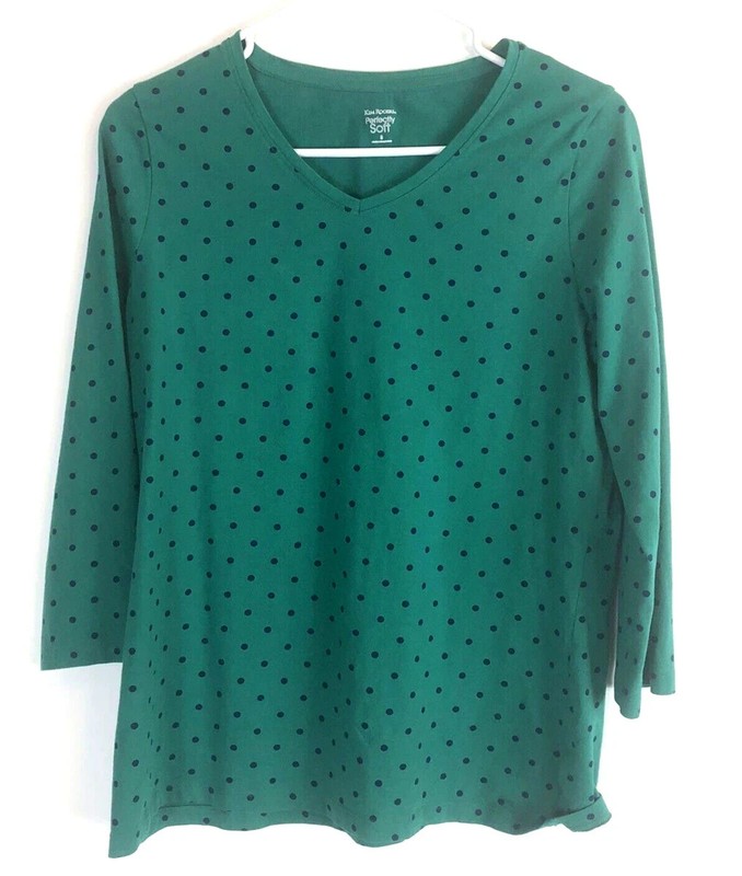 Women’s Kim Rogers Green Navy Polka Dot V-Neck 3/4 Sleeve Blouse Size Small