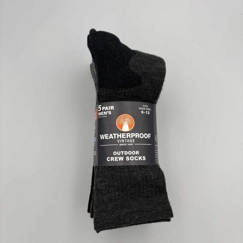 Weatherproof Vintage Men’s Outdoor Crew Socks Shoe Size 6-12 Black- 5 Pairs NWT