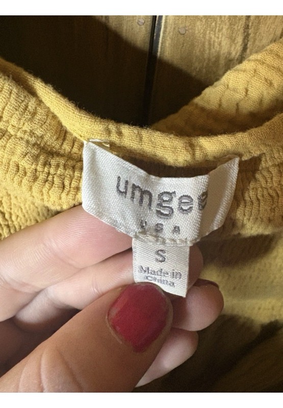 Umgee Yellow Solid Smocked Babydoll Short Dress Square Neck Puff 3/4 Sz S gallery