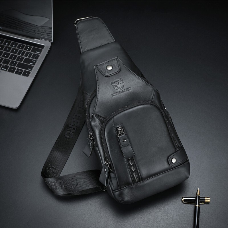 Mens Sling Backpack Cowhide Genuine Leather Chest Crossbody Shoulder Bag New gallery