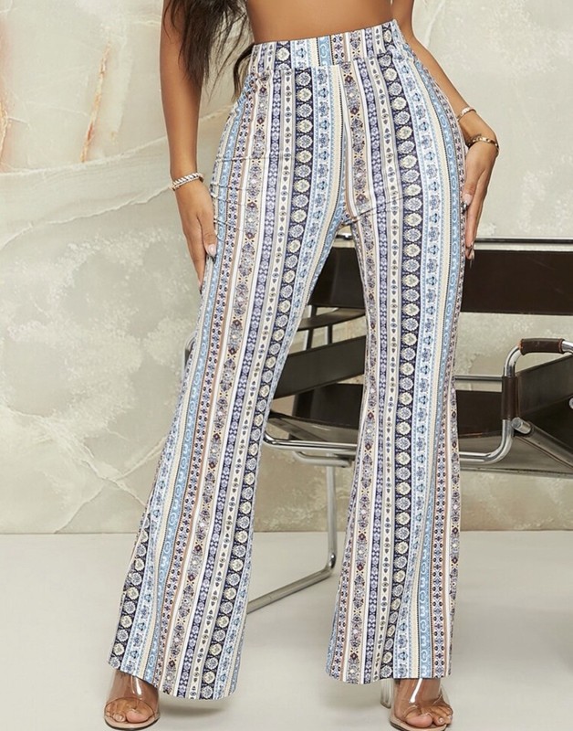 SHEIN Multicolor Striped Boho Flared Pants High Rise Elastic Waist M gallery