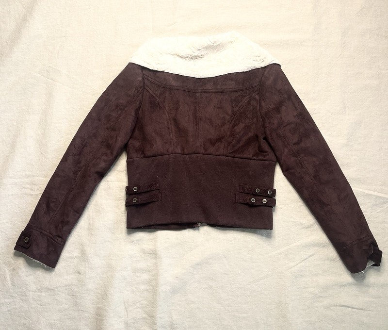 JouJou Brown/Maroon Jacket Zip Front Faux Fur Lined Buckled Pockets Women M gallery