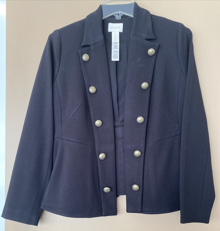 CHICO’S Black Military Jacket Blazer Sz 0P (4-6) Gold Buttons Open Front Mint!