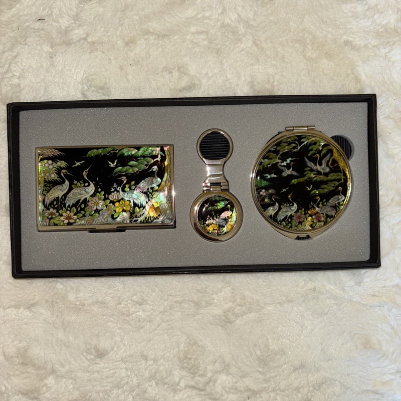 MOP Business Card Holder Case & Key Chain & Mirror Flying Cranes New In Box