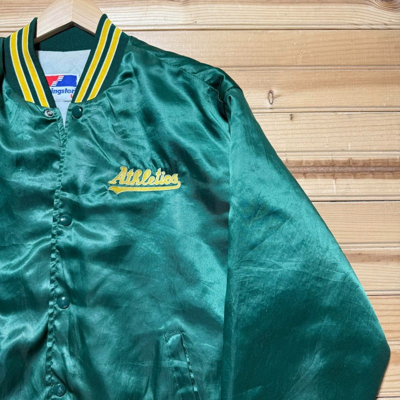 Vintage 80s 90s Athletics Script Logo Button Front Satin Bomber Jacket USA Large gallery