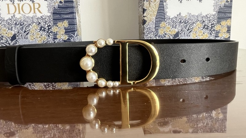 Christian Dior Women’s Black Belt Gold Metal Buckle Pearl Accents 80cm