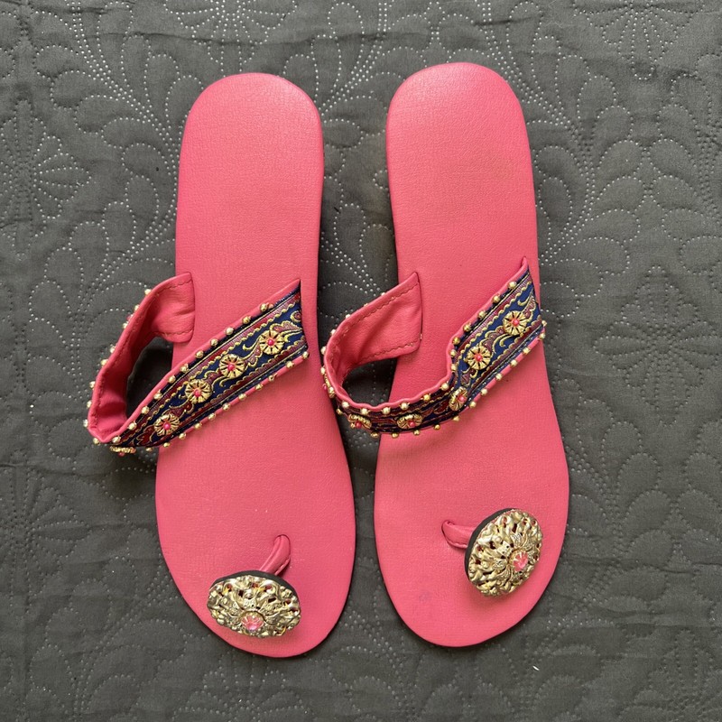 Exclusive Ethnic Fuchsia Handcrafted Bejeweled Sandals SZ 9 Made in Pakistan