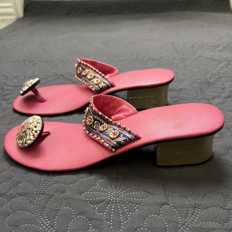 Exclusive Ethnic Fuchsia Handcrafted Bejeweled Sandals SZ 9 Made in Pakistan gallery