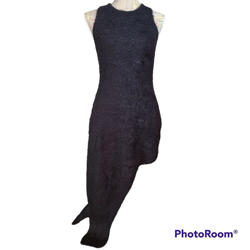 NEW Bardot Size Small Black Fuzzy Bodycon Asymmetrical Sweater Dress gallery