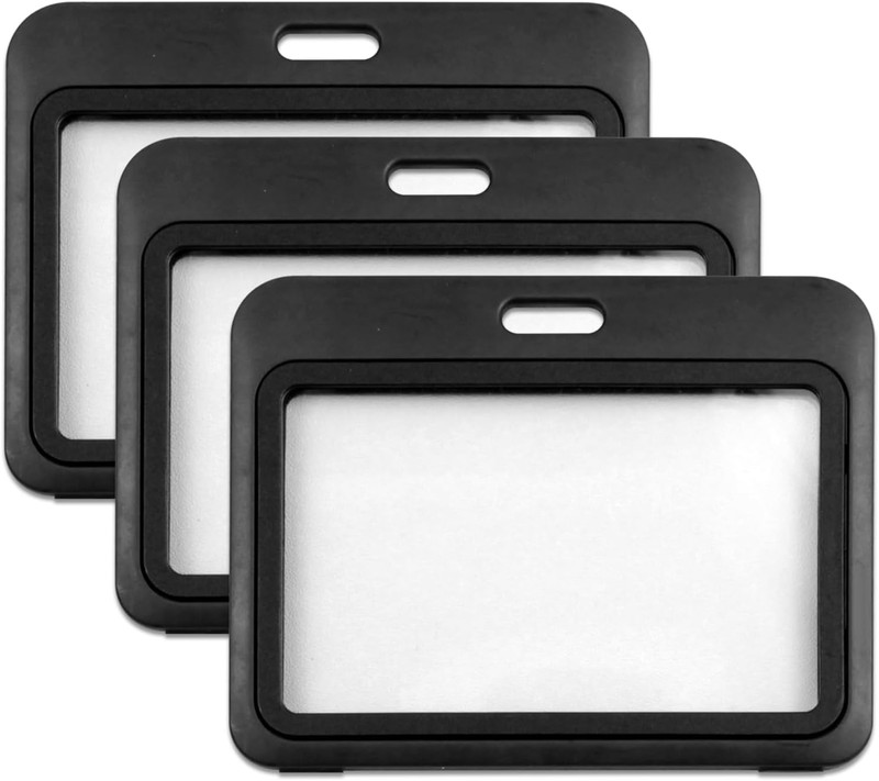 3-Pack Horizontal Hard Plastic ID Badge Holders – Double-Sided Black Card Case f