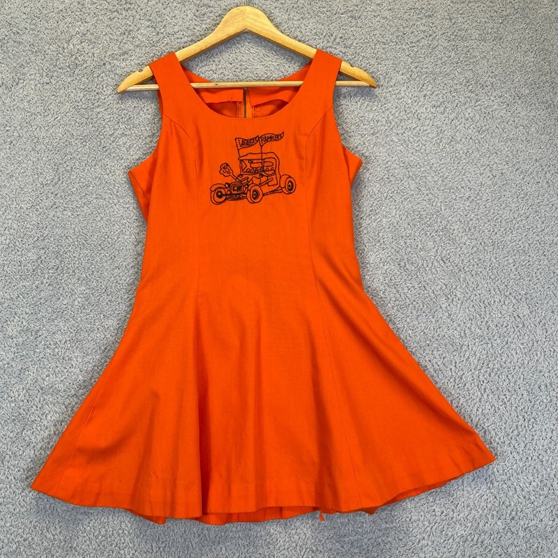 Vintage 1960s Mod Mini Embroidered Hot Rod Race Car Novelty Dress Cheer Uniform